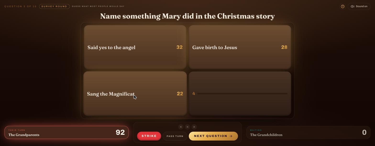 A survey round with answers revealed and their point values
