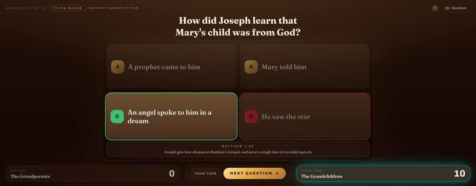 A trivia question with the correct answer lit in green and the verse below