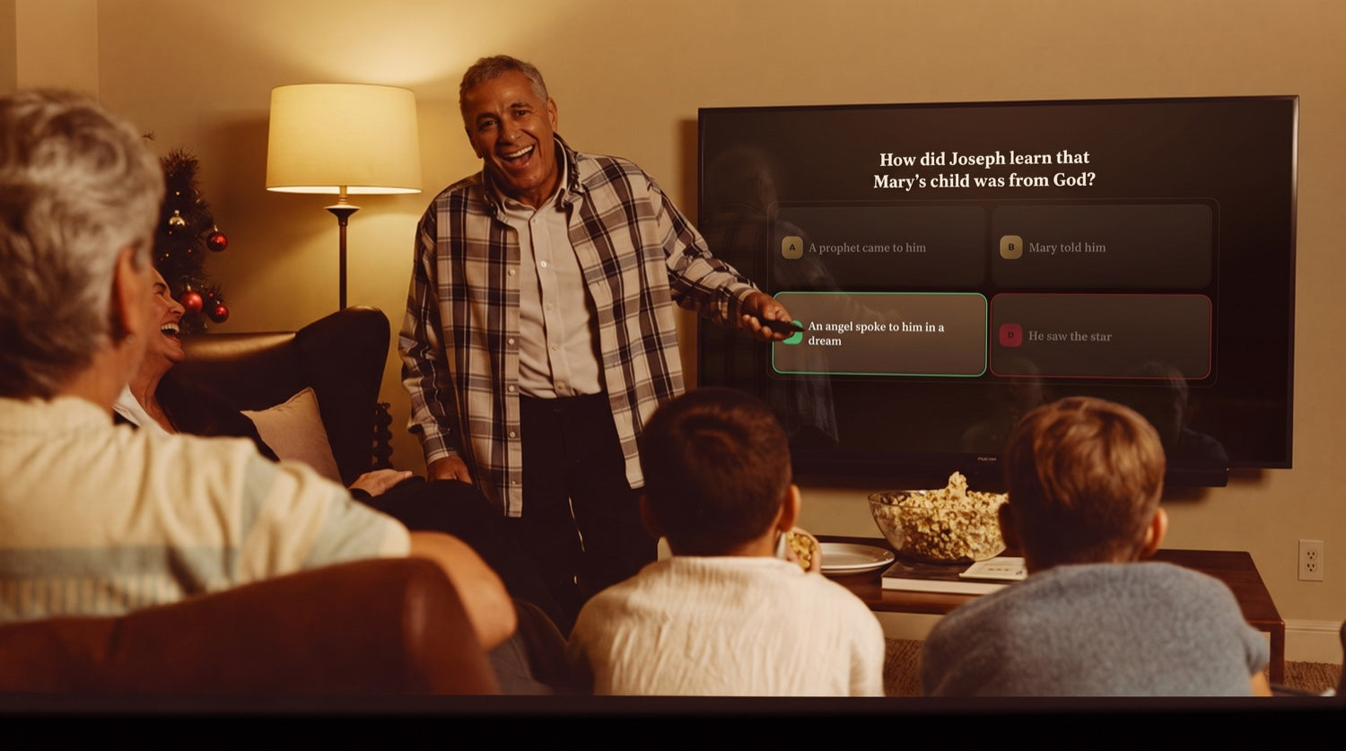 A family playing Bible Night on the television, a trivia question on screen