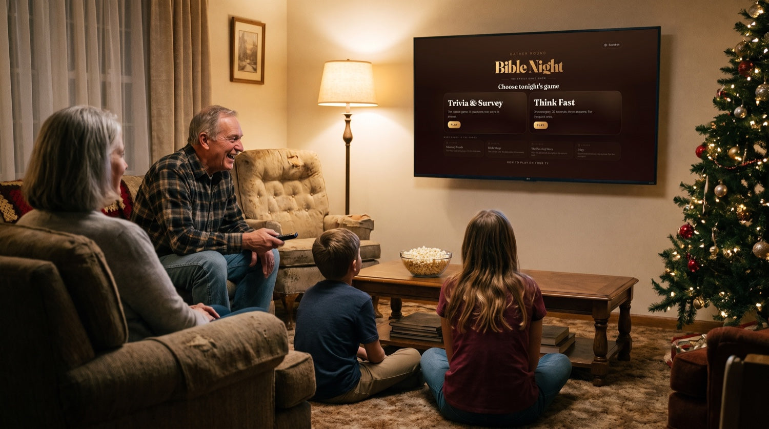 A family playing Bible Night on the television at Christmas