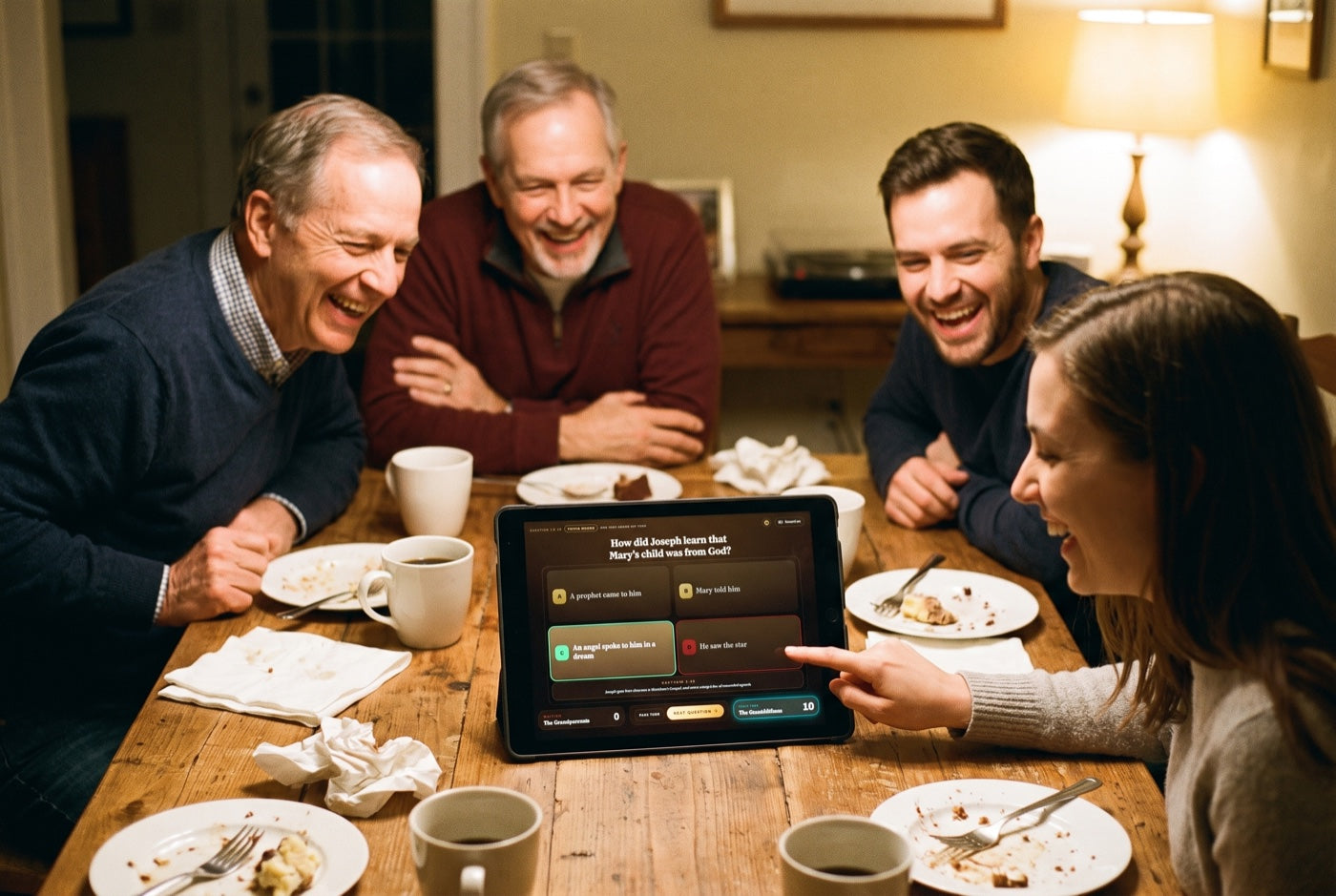 Four adults playing around an iPad after dinner